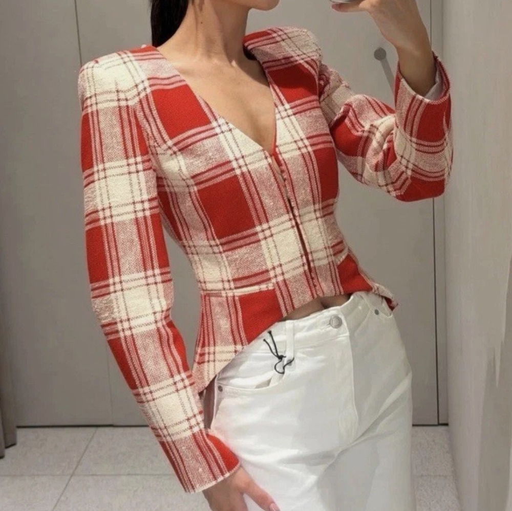 New Zara ZW Collection red check tweed cropped blazer jacket Size XS Preppy